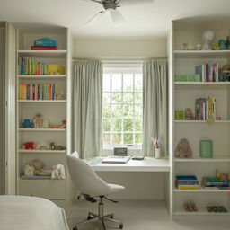 A teenage room featuring two small separate windows with curtains, a filled bookshelf, a study table and chair, a circulating fan, and a spacious wardrobe