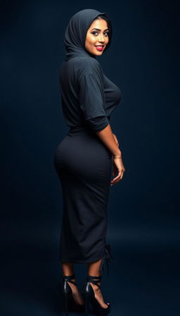 A 40-year-old Latina mother wearing a hijab, captured from the back in a full body photo