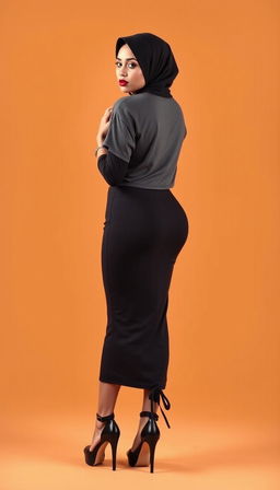 A 40-year-old Latina mother wearing a hijab, captured from the back in a full body photo