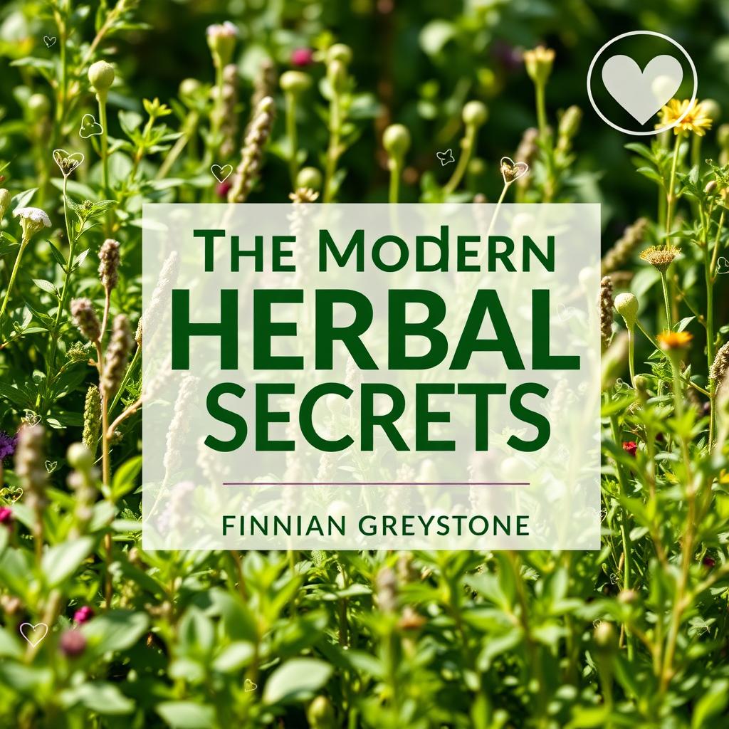 A flat book cover design featuring a realistic herbal garden background filled with vibrant plants and herbs, bathed in natural light