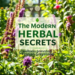 A flat book cover design featuring a realistic herbal garden background filled with vibrant plants and herbs, bathed in natural light