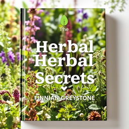 A flat book cover design featuring a realistic herbal garden background filled with vibrant plants and herbs, bathed in natural light