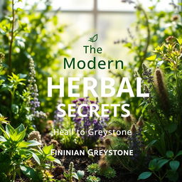 A flat book cover design featuring a realistic herbal garden background filled with vibrant plants and herbs, bathed in natural light