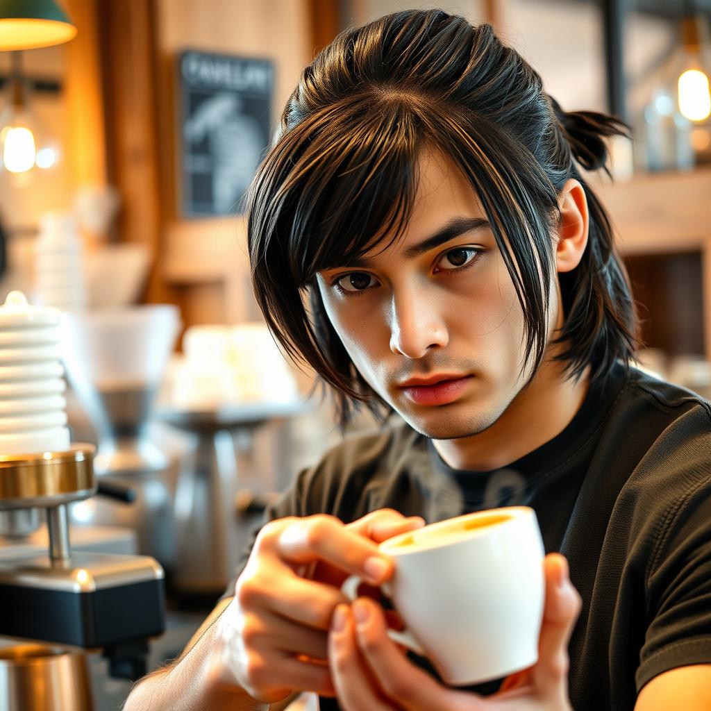 A barista guy with shoulder-length hair tied back, showcasing his focused expression while making coffee