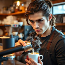 A barista guy with shoulder-length hair tied back, showcasing his focused expression while making coffee