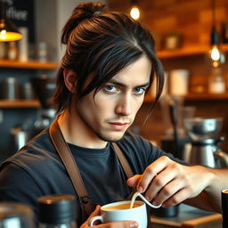 A barista guy with shoulder-length hair tied back, showcasing his focused expression while making coffee