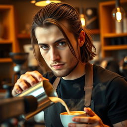 A barista guy with shoulder-length hair tied back, showcasing his focused expression while making coffee