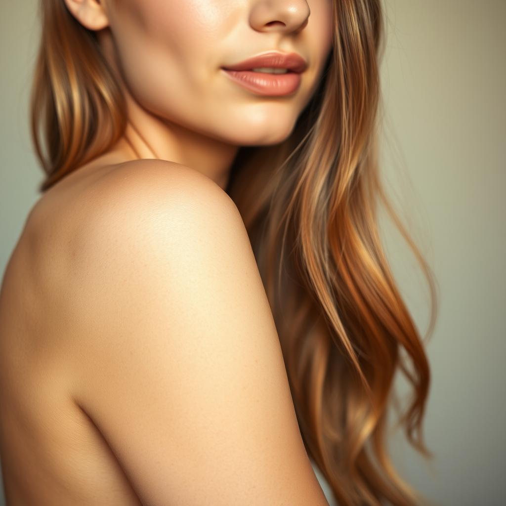 A close-up portrait of a woman with beautifully smooth skin, showcasing her lightened armpit, with no visible shadows or imperfections