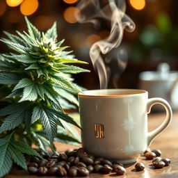 A beautifully arranged scene featuring a steaming cup of coffee next to a rich, green cannabis plant