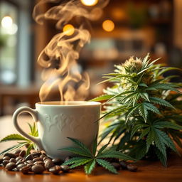 A beautifully arranged scene featuring a steaming cup of coffee next to a rich, green cannabis plant