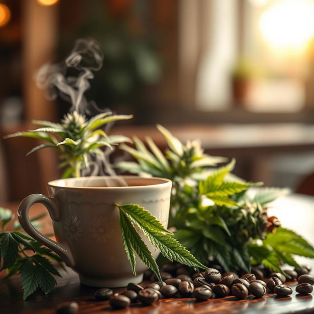 A beautifully arranged scene featuring a steaming cup of coffee next to a rich, green cannabis plant