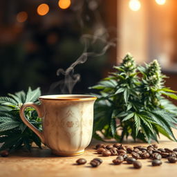 A beautifully arranged scene featuring a steaming cup of coffee next to a rich, green cannabis plant