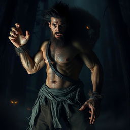 A powerful transformation scene depicting a broken man morphing into a fierce beast