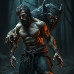 A powerful transformation scene depicting a broken man morphing into a fierce beast