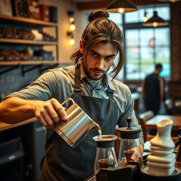 A barista guy with shoulder-length hair tied back, showcasing his intense black eyes as he skillfully makes coffee
