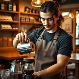 A barista guy with shoulder-length hair tied back, showcasing his intense black eyes as he skillfully makes coffee