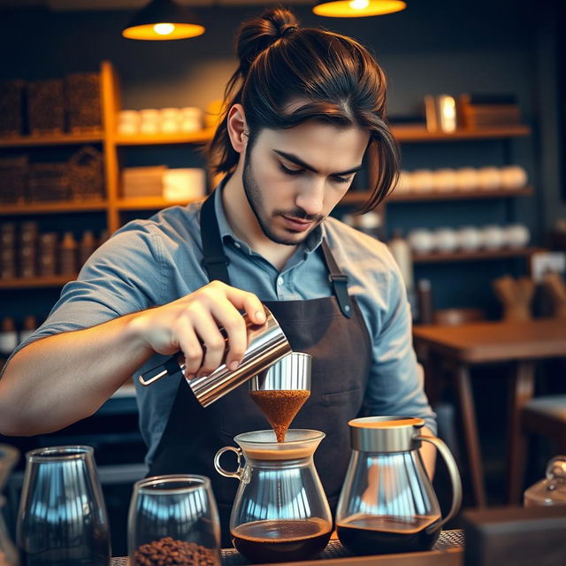 A barista guy with shoulder-length hair tied back, showcasing his intense black eyes as he skillfully makes coffee