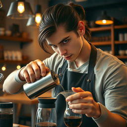 A barista guy with shoulder-length hair tied back, showcasing his intense black eyes as he skillfully makes coffee