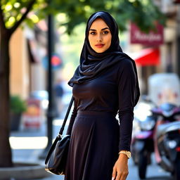 A portrait of a Muslim woman elegantly dressed, wearing a stylish hijab and fashionable long dress, paired with tasteful stockings