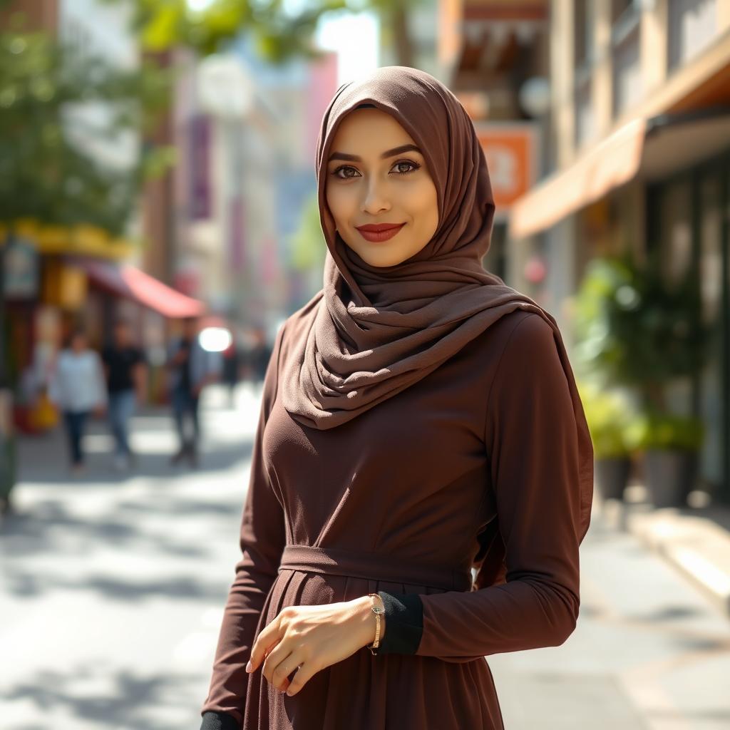 A portrait of a Muslim woman elegantly dressed, wearing a stylish hijab and fashionable long dress, paired with tasteful stockings