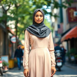 A portrait of a Muslim woman elegantly dressed, wearing a stylish hijab and fashionable long dress, paired with tasteful stockings
