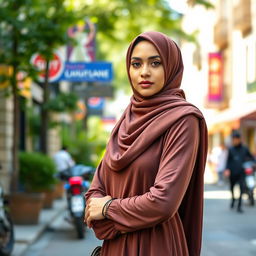 A portrait of a Muslim woman elegantly dressed, wearing a stylish hijab and fashionable long dress, paired with tasteful stockings