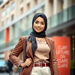 A confident Muslim woman in a stylish hijab, featuring big breasts, standing in an elegant urban setting