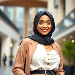 A confident Muslim woman in a stylish hijab, featuring big breasts, standing in an elegant urban setting