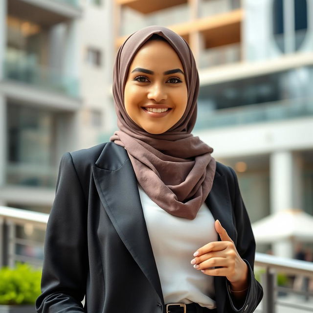 A confident Muslim woman in a stylish hijab, featuring big breasts, standing in an elegant urban setting