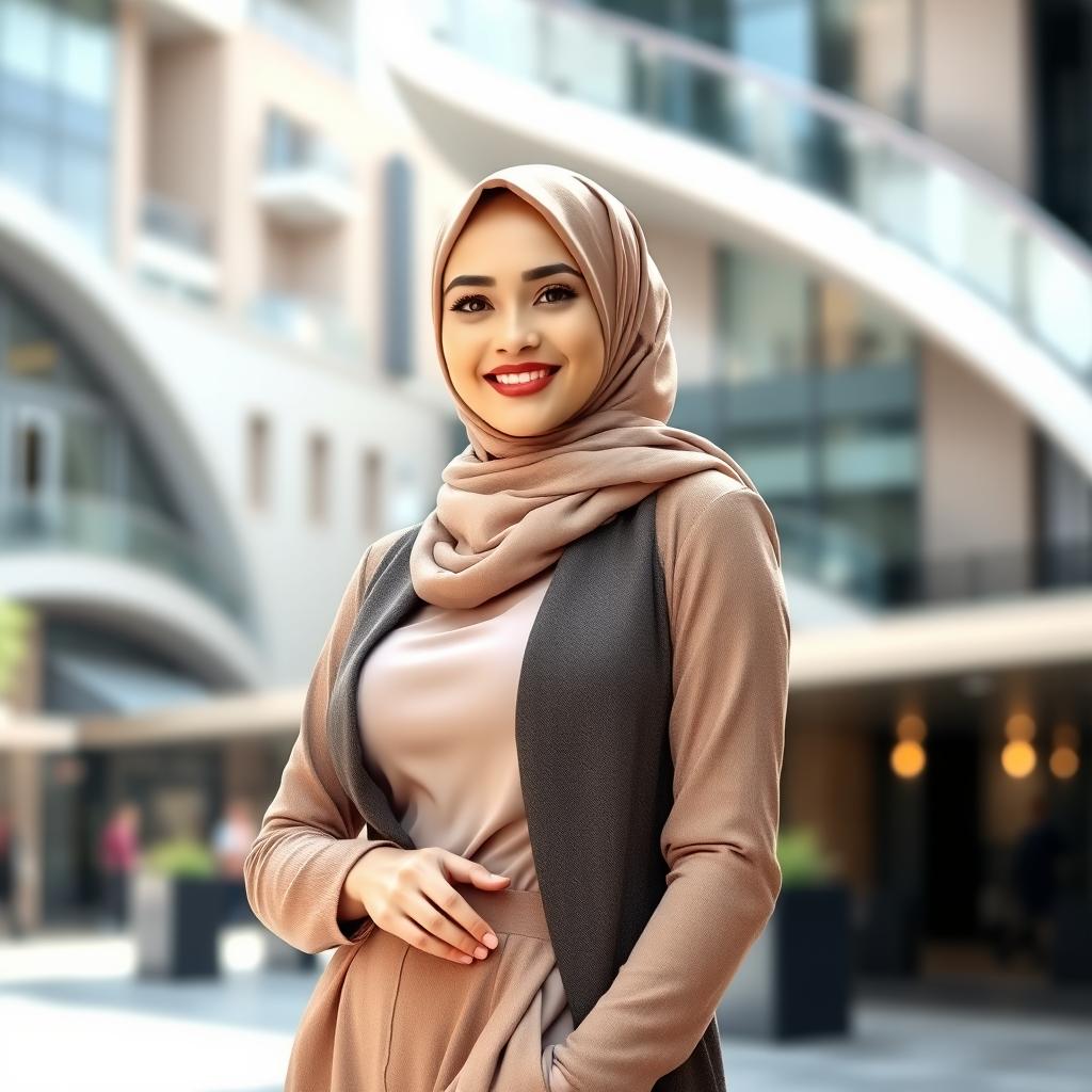 A confident Muslim woman in a stylish hijab, featuring big breasts, standing in an elegant urban setting