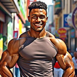 A strong mulatto man with a muscular build, showcasing his physique confidently
