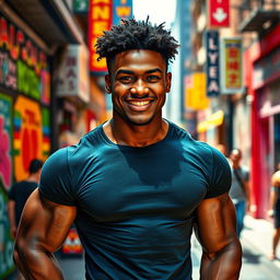 A strong mulatto man with a muscular build, showcasing his physique confidently