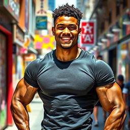 A strong mulatto man with a muscular build, showcasing his physique confidently
