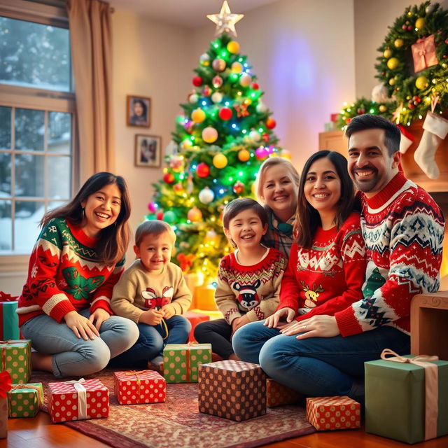 A joyous scene of a family gathering during the Christmas season, featuring Ms