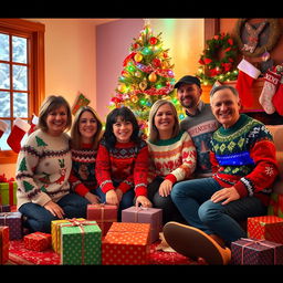 A joyous scene of a family gathering during the Christmas season, featuring Ms