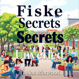 A vibrant and inviting college campus background, depicting a diverse group of students engaged in study groups and working on laptops