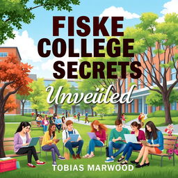 A vibrant and inviting college campus background, depicting a diverse group of students engaged in study groups and working on laptops