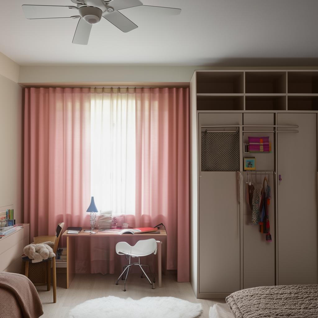 A teenage room featuring two small separate windows with curtains, a filled bookshelf, a study table and chair, a circulating fan, and a spacious wardrobe