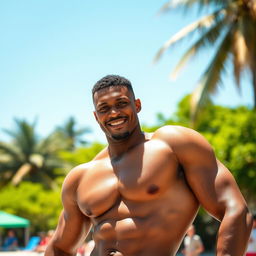 A strong mulatto man without a shirt, demonstrating a powerful physique and showcasing his muscular build