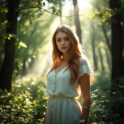 A serene and ethereal scene of a beautiful young woman in a mystical forest