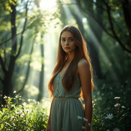 A serene and ethereal scene of a beautiful young woman in a mystical forest