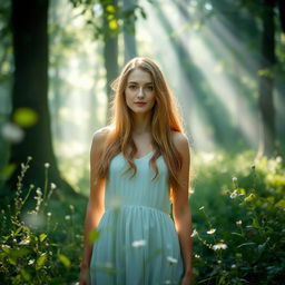 A serene and ethereal scene of a beautiful young woman in a mystical forest