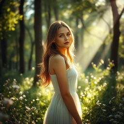 A serene and ethereal scene of a beautiful young woman in a mystical forest