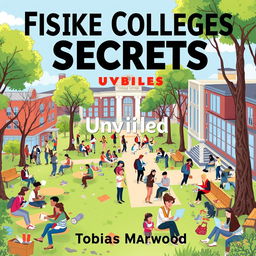 A vibrant and dynamic illustration of a college campus filled with engaged students participating in study groups and working on laptops