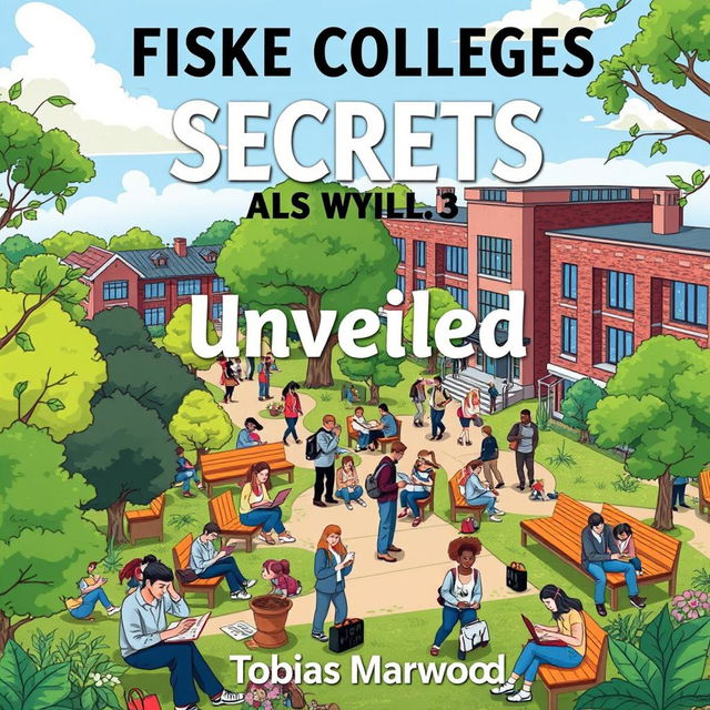 A vibrant and dynamic illustration of a college campus filled with engaged students participating in study groups and working on laptops