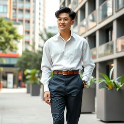 A fashionable Korean man with a trendy haircut and stylish outfit