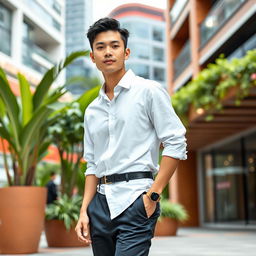 A fashionable Korean man with a trendy haircut and stylish outfit