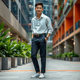 A fashionable Korean man with a trendy haircut and stylish outfit