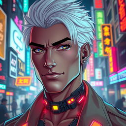 A traditionally good-looking male character with striking white hair, designed in a vibrant cyberpunk art style