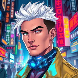 A traditionally good-looking male character with striking white hair, designed in a vibrant cyberpunk art style